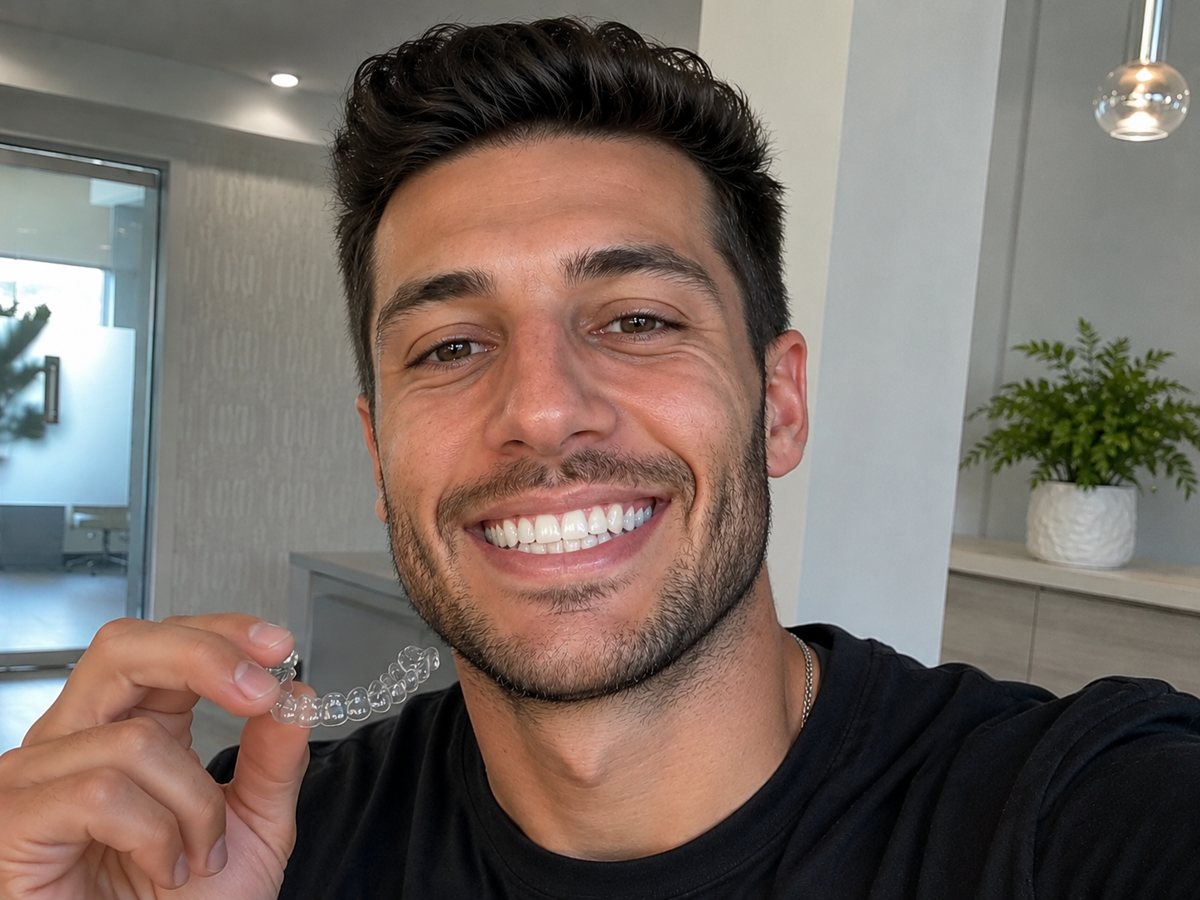 Happy patient smiling while holding an Invisalign clear aligner at Pinnacle Dental
